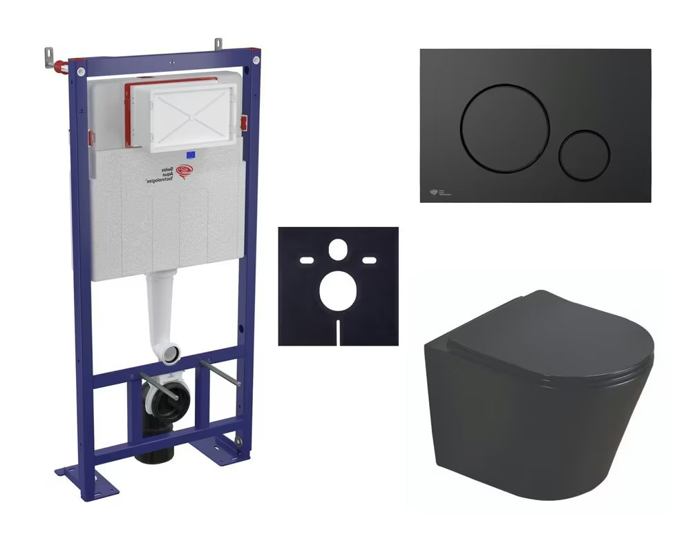 Viseći WC set SAT Infinitio s crnom WC daskom soft Close, modulom pro za predzidnu ugradnju i crnom tipkom