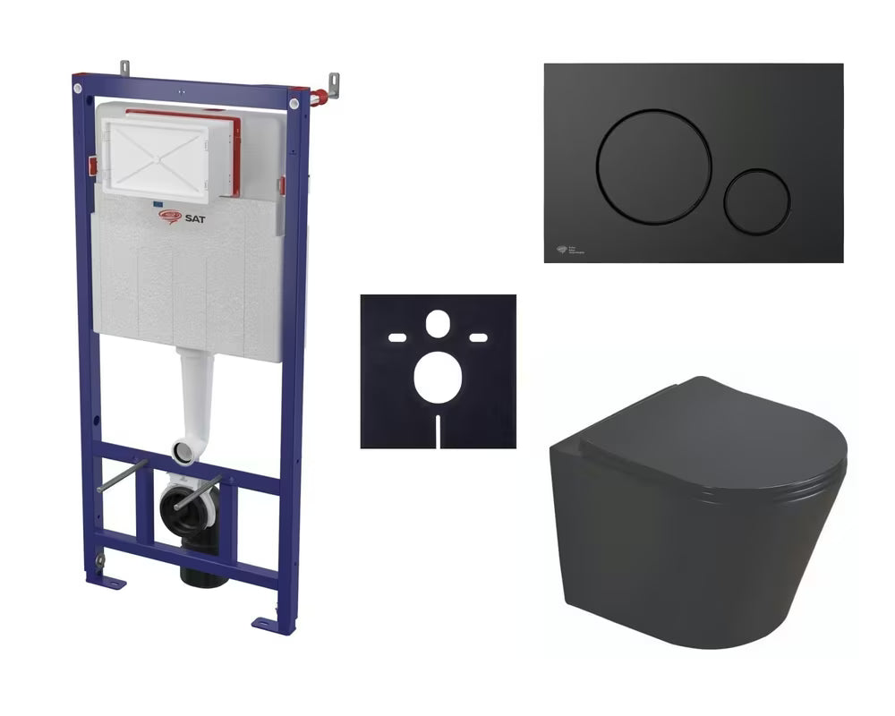 Viseći WC set SAT Infinitio s predzidnim modulom, crnom tipkom za ispiranje i sjedalom soft Close