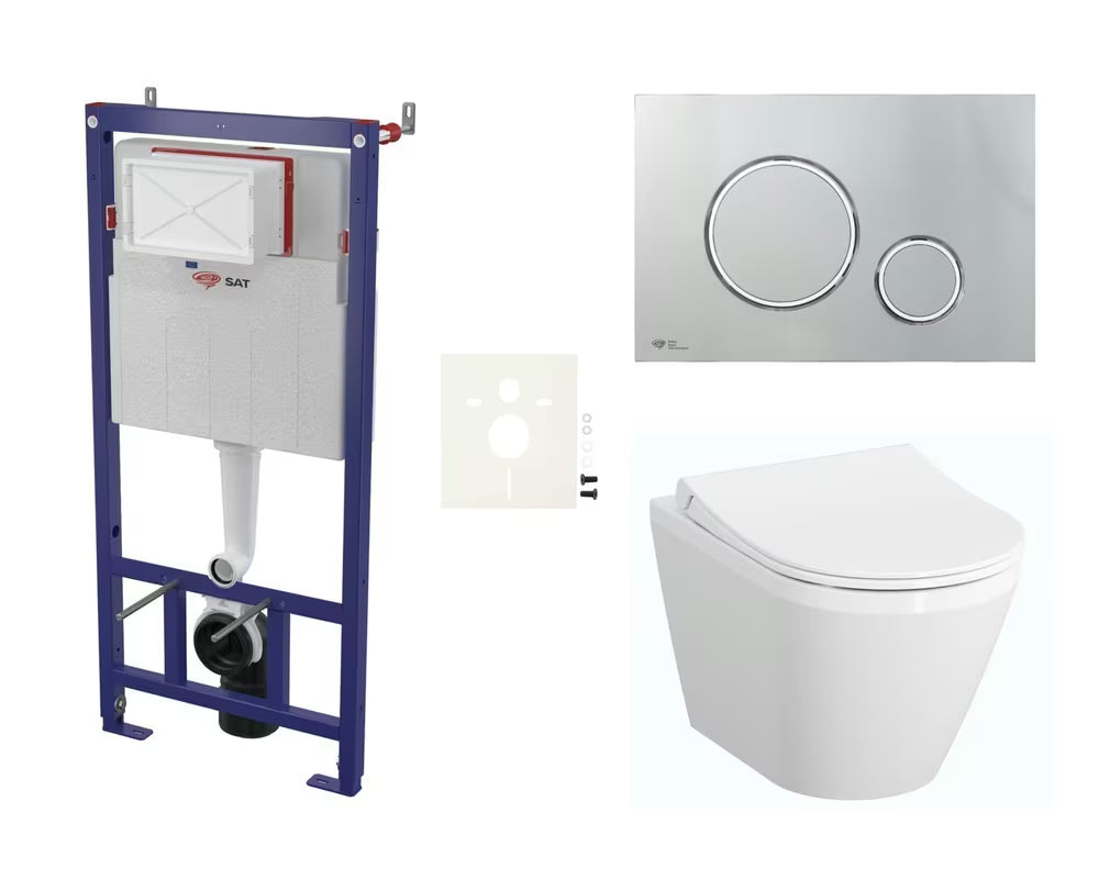 Viseći WC set vitra Integra s instalacijskim modulom, vodokotlićem SAT i sjedalom soft Close u bijeloj boji.