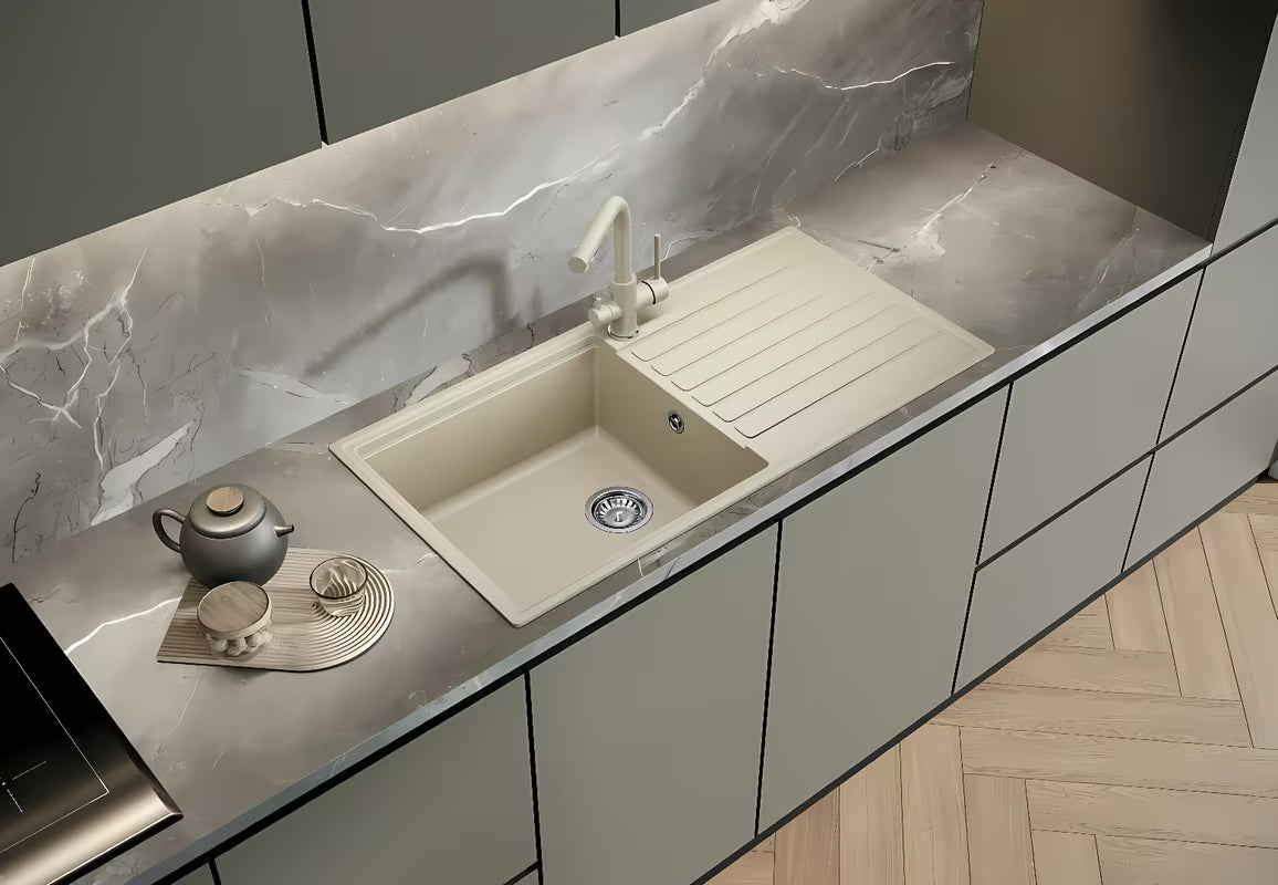 Bijeli granitni sudoper SAT s ocjeđivačem pro montaža na radnu ploču