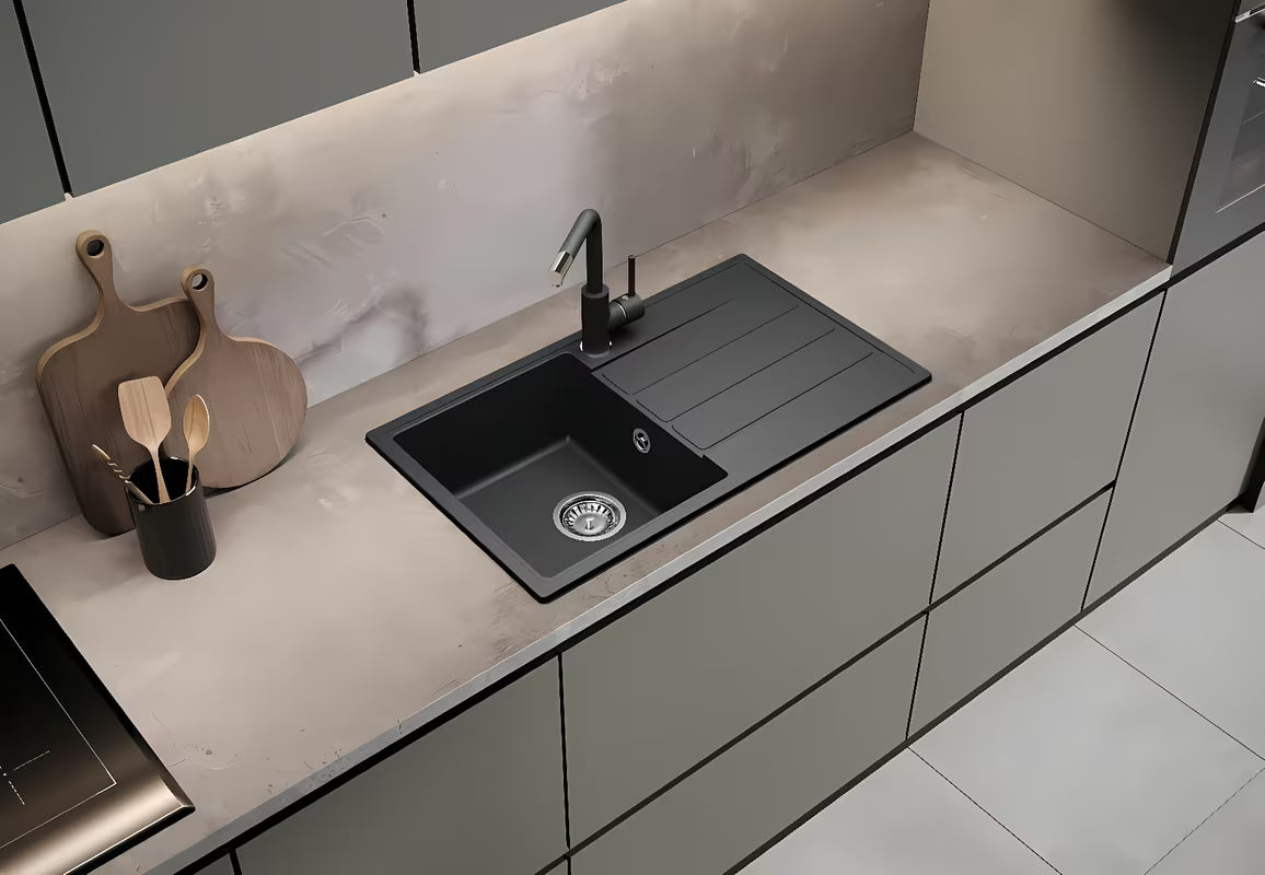 Crni granitni sudoper SAT pro montaža na radnu ploču s ocjeđivačem