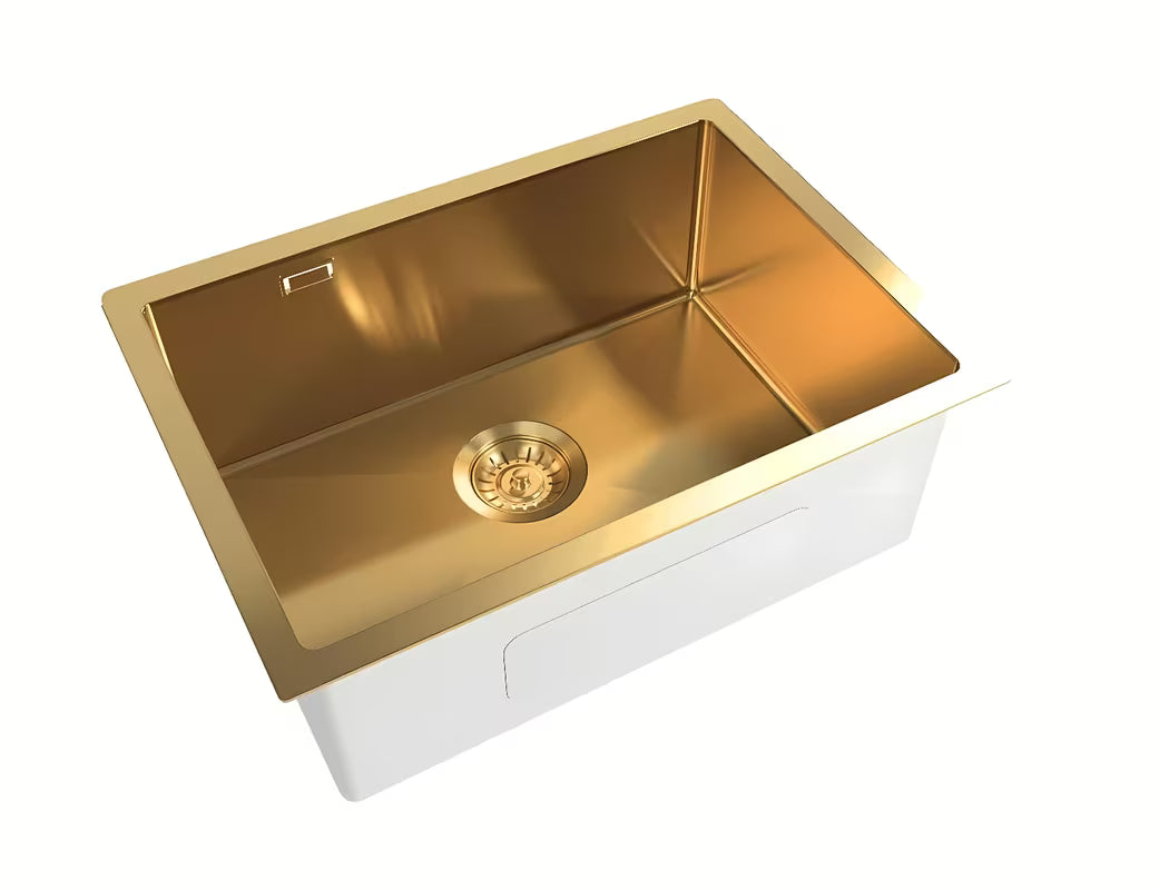 Kuhinjski jednostruki sudoper SAT Aurum od nehrđajućeg čelika u zlatnoj boji pro donja montaža ispod radne ploče.