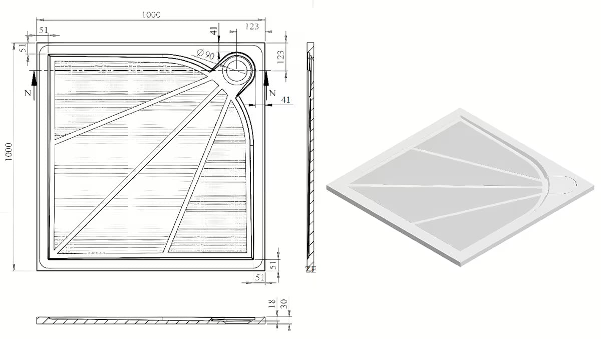 Bijela kvadratna tuš kada SAT Limcc 100x100 cm od lijevanog mramora sa skrivenim kutnim odvodom