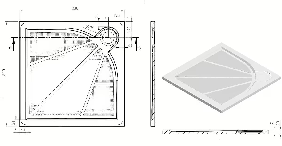 Bijela kvadratna tuš kada SAT Limcc 80x80 cm od lijevanog mramora s pokrivenim kutnim odvodom