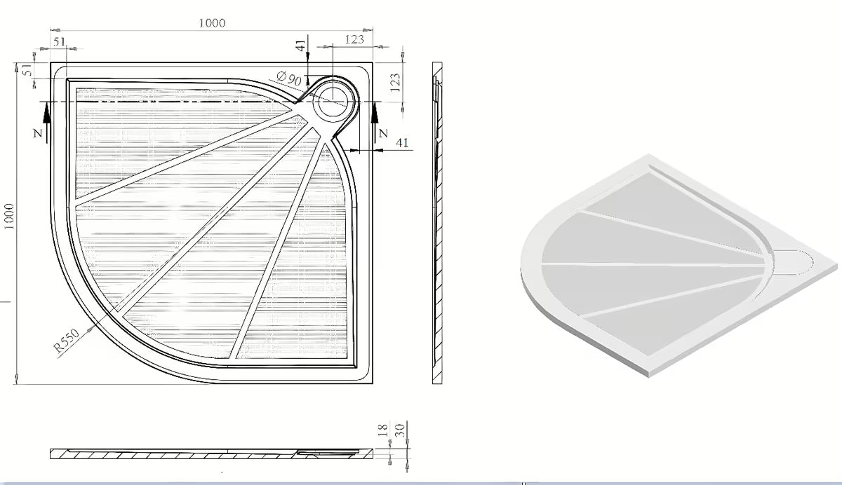 Bijela polukružna tuš kada SAT Limcc 100x100 cm od lijevanog mramora s pokrivenim odvodom u kutu