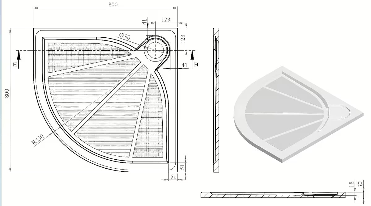 Bijela polukružna tuš kada SAT Limcc 80x80 cm od lijevanog mramora s pokrivenim odvodom u kutu