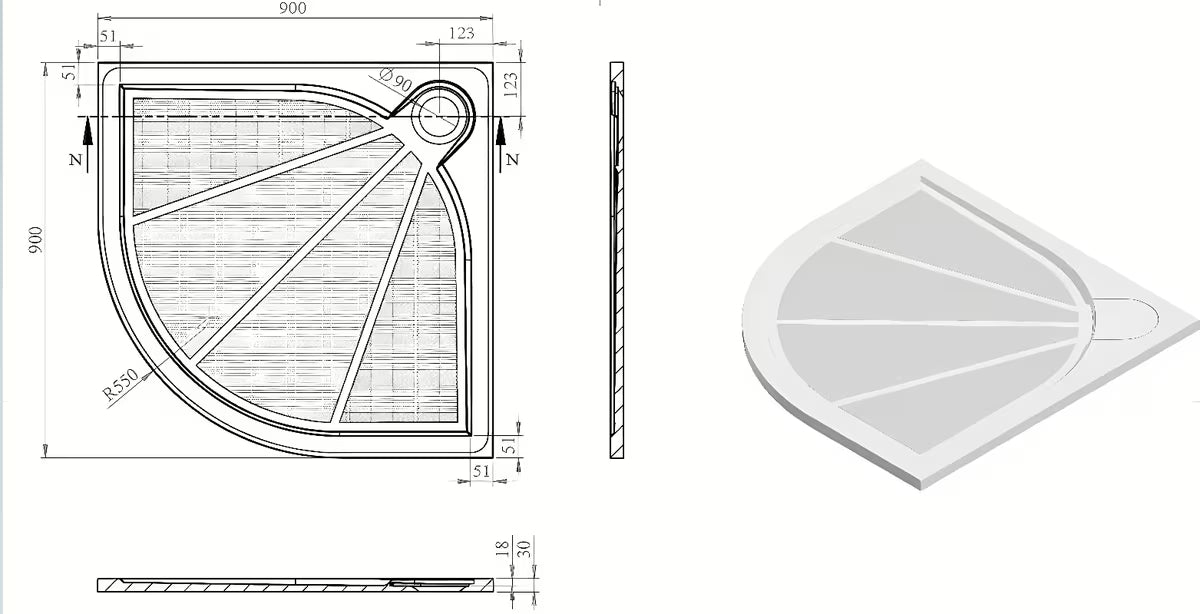 Bijela polukružna tuš kada SAT Limcc 90x90 cm od lijevanog mramora s pokrivenim kutnim odvodom