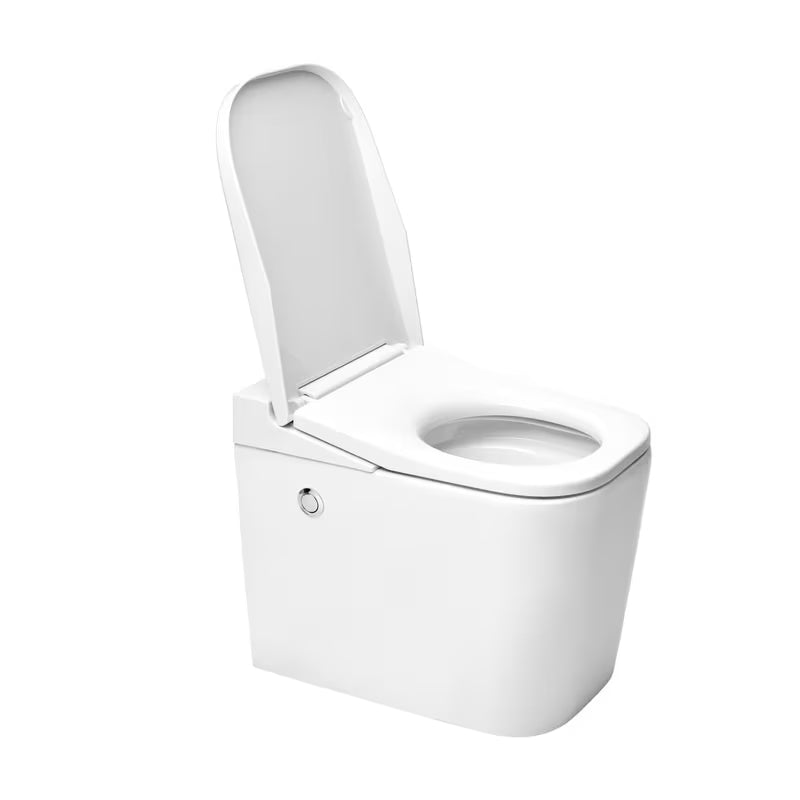 Stojeća WC Školjka SAT optimflush u bijeloj boji s integriranim vodokotlićem i bočnim pneumatskim tipkalom za ispiranje.