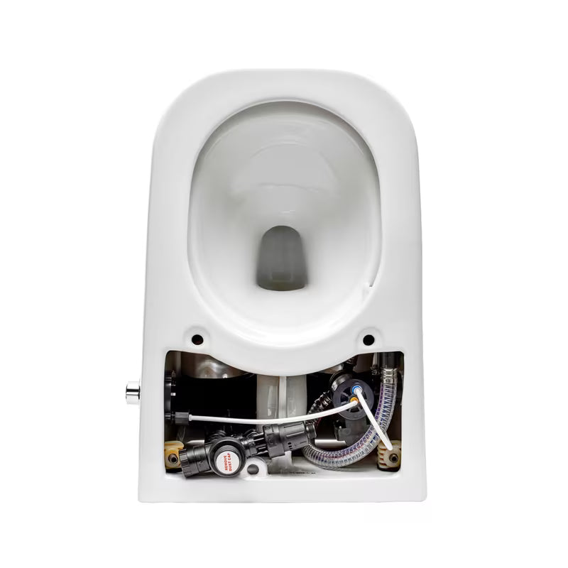 Stojeća WC Školjka SAT optimflush u bijeloj boji s integriranim vodokotlićem i bočnim pneumatskim tipkalom za ispiranje.