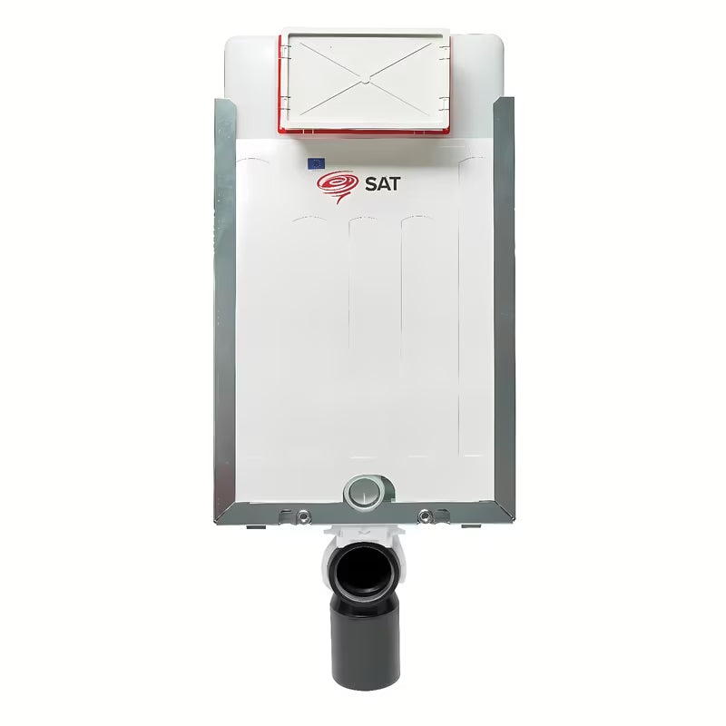 Plava podžbukni vodokotlić SAT pro viseća WC školjka s pocinčanim okvirom i dozatorom za WC školjke tablete.