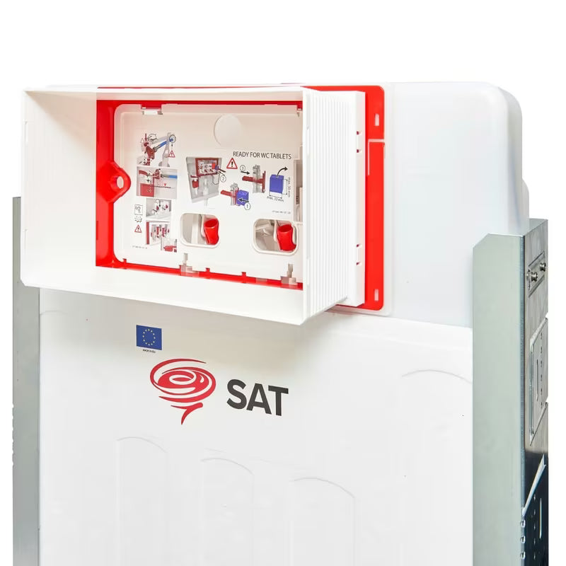 Plava podžbukni vodokotlić SAT pro viseća WC školjka s pocinčanim okvirom i dozatorom za WC školjke tablete.