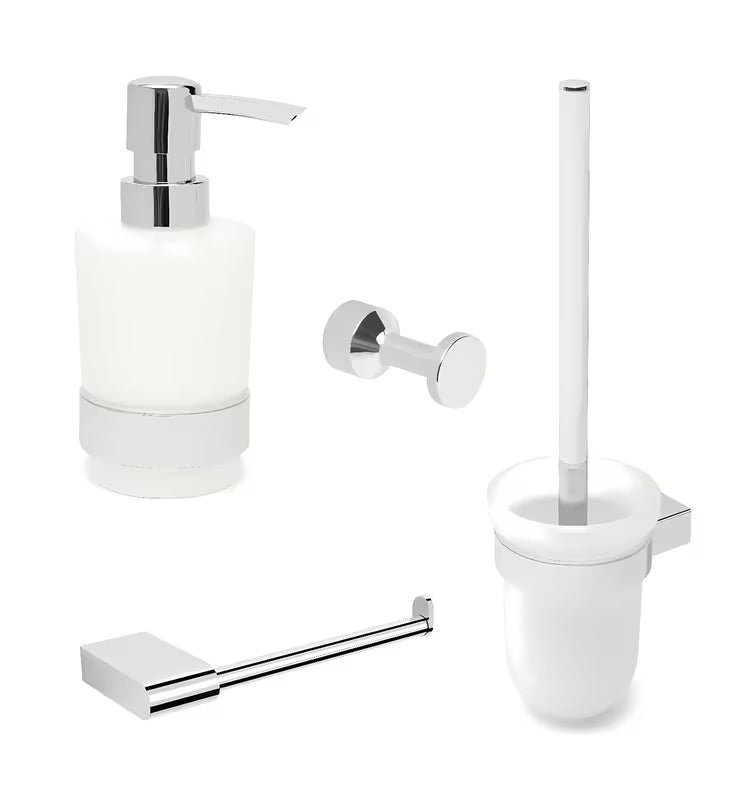 Kromirana set kupaonskih dodataka SAT Project s kukicom, dozatorom za sapun, držačem papira i WC školjke četkom.
