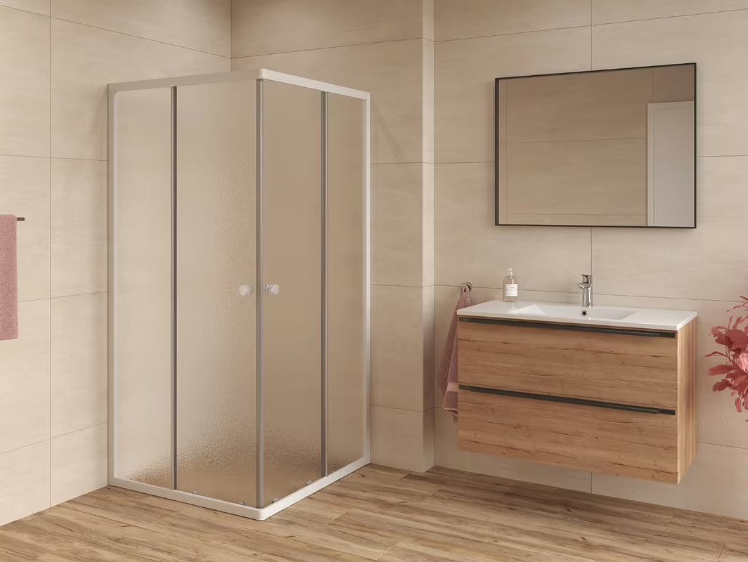 Kvadratna tuš kabina SAT Project 90x90 cm s kliznim vratima, bijelim profilima i neprozirnim staklom chinchilla.