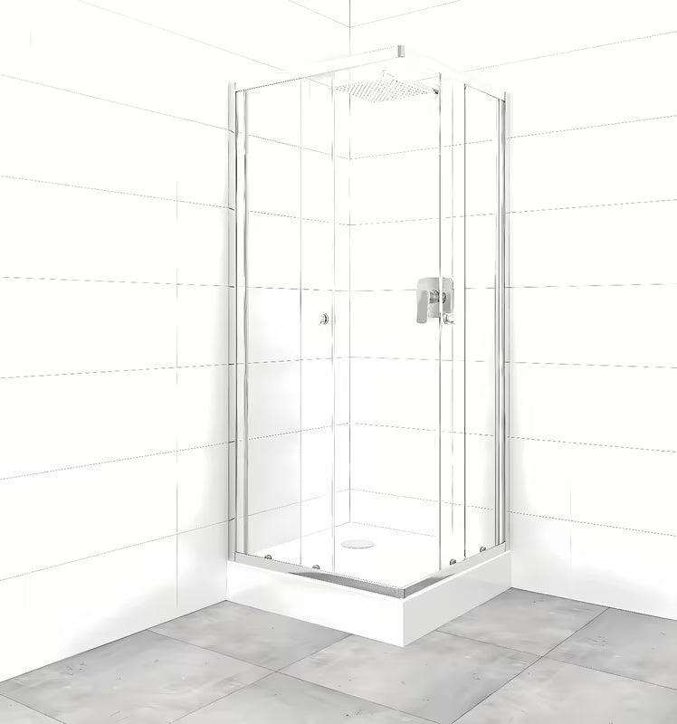 Kvadratna tuš kabina SAT Project 80x80 cm s tuš kadom, s prozirnim staklom i profilima u sjajnom kromu.