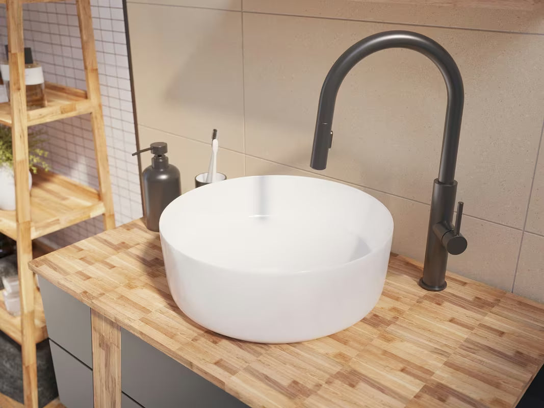 Okrugli keramički umivaonik na ploču SAT Project u bijeloj boji, promjer 36 cm