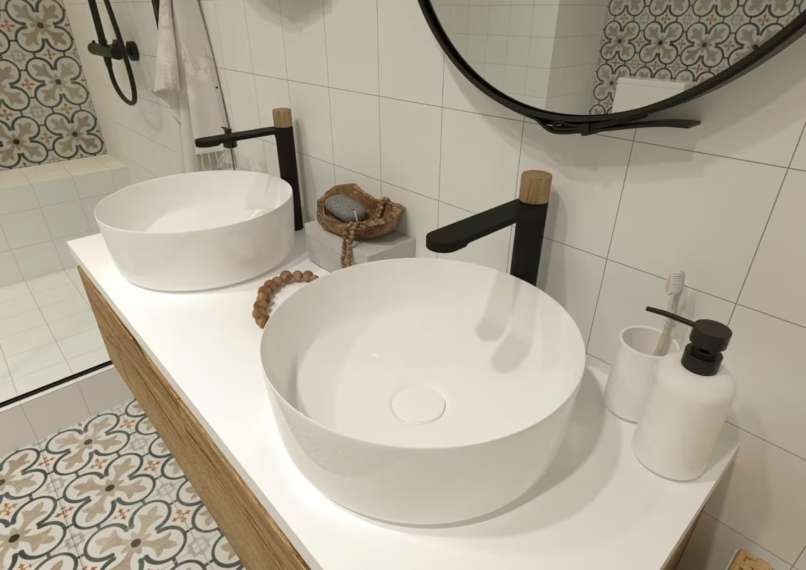 Okrugli keramički umivaonik na ploču SAT Project u bijeloj boji, promjer 36 cm