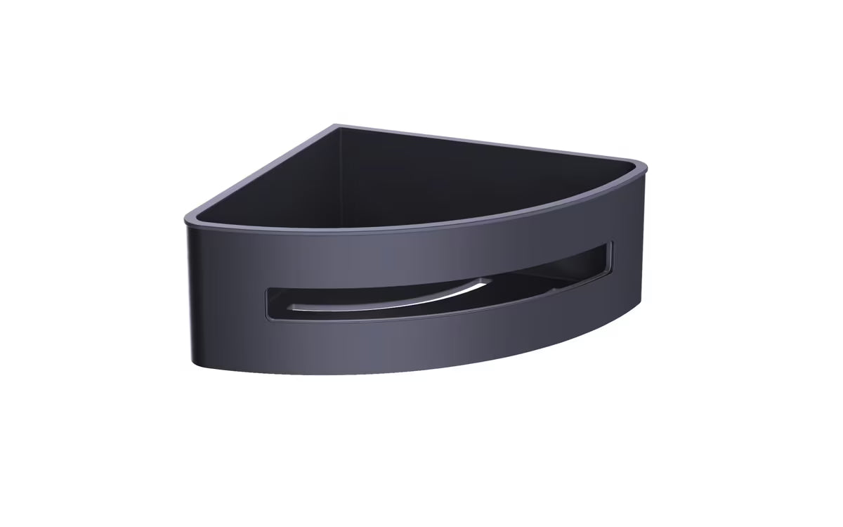 Kutna nehrđajuća polica za tuševi SAT u mat crnoj izvedbi s uklonjivim plastičnim umetkom.