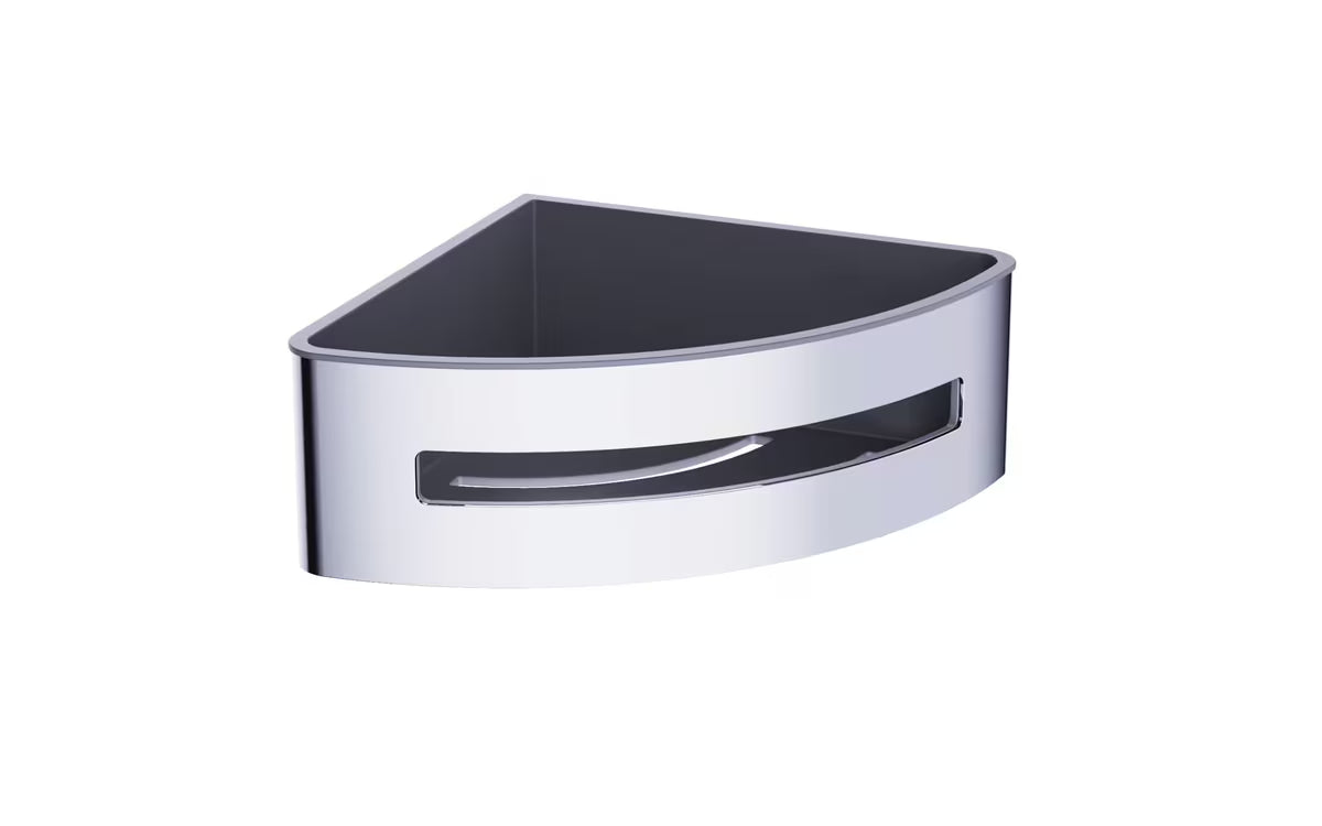 Kutna tuš polica SAT Chrome od nehrđajućeg čelika u krom izvedbi s crnim plastičnim umetkom.