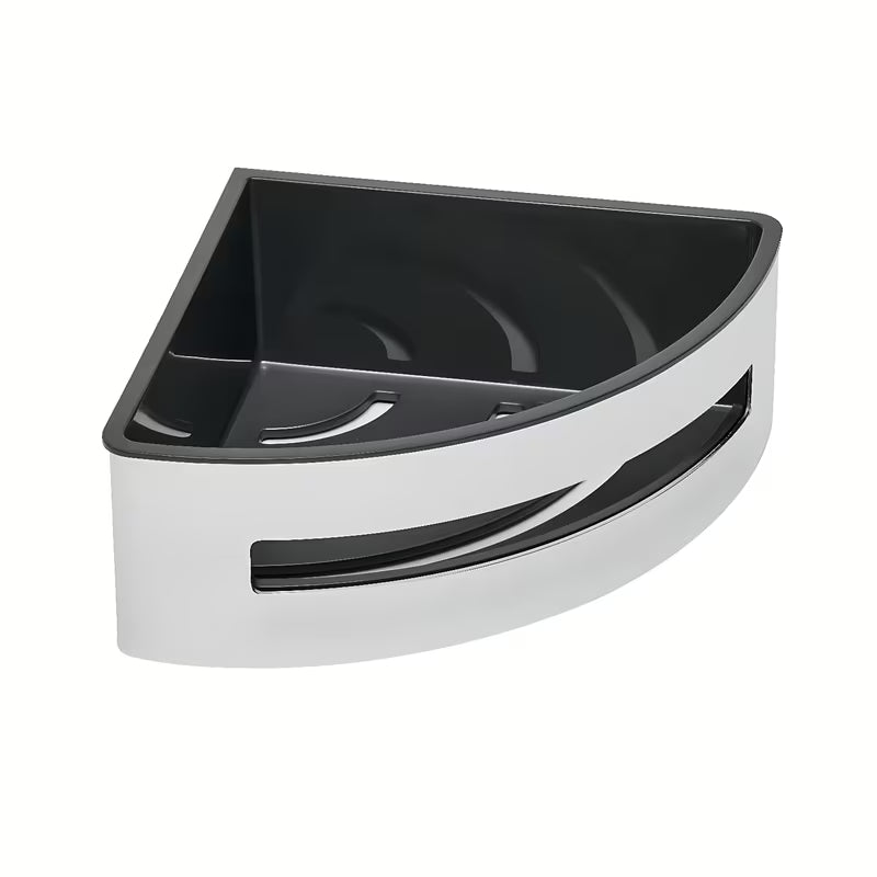 Kutna tuš polica SAT Chrome od nehrđajućeg čelika u krom izvedbi s crnim plastičnim umetkom.