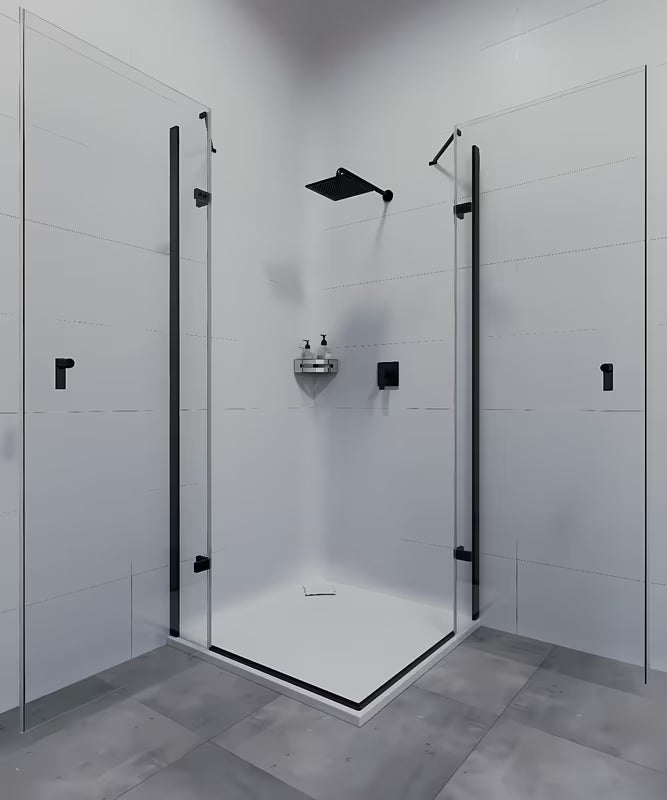 Kutna tuš polica SAT Chrome od nehrđajućeg čelika u krom izvedbi s crnim plastičnim umetkom.