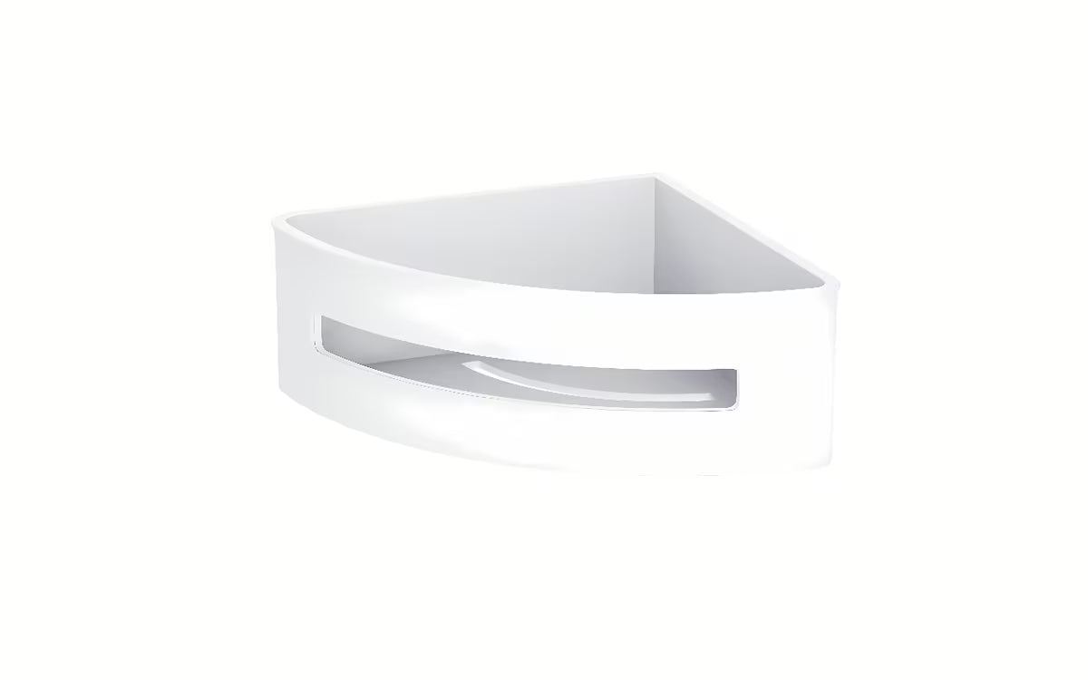 Bijela kutna tuš polica SAT od nehrđajućeg čelika s plastičnim umetkom pro lakše održavanje.