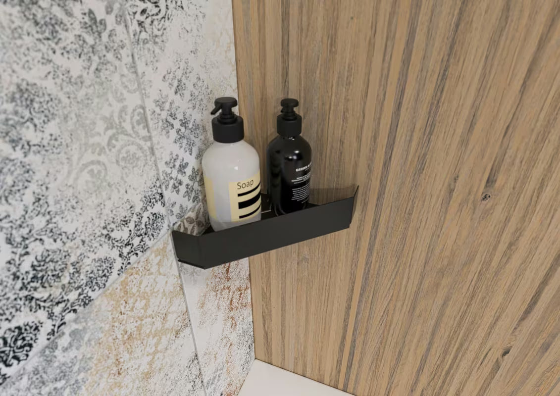 Kutna tuš polica SAT od nehrđajućeg čelika u mat crnoj boji.