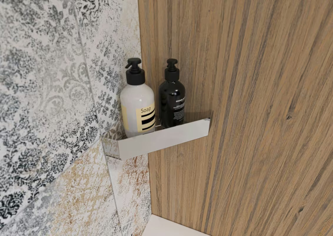 Kutna tuš polica SAT Industrial od nehrđajućeg čelika sa sjajnom površinom pro zidna montaža bušenjem.