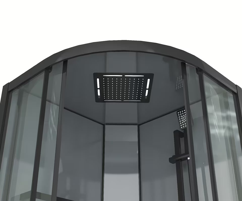 Četvrtkružna tuš kabina 90x90 cm s crnim profilima, prozirnim staklom i bijelom kadicom