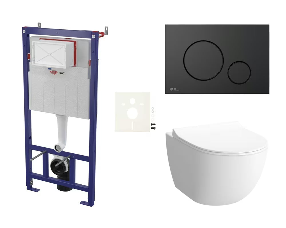 Viseći WC set vitra Sento u bijeloj boji sa skrivenim pričvršćenjem i tipkom za ispiranje u mat zlatnoj izvedbi.