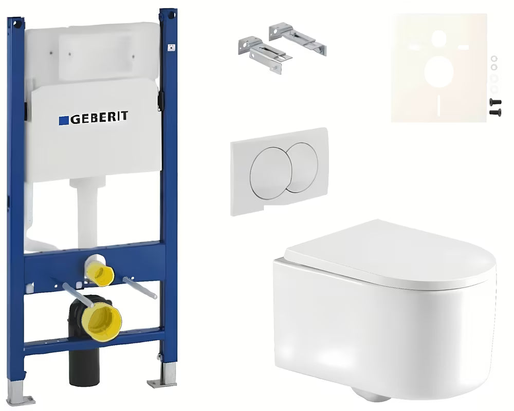 Viseći WC set SAT Tornado s vrtložnim ispiranjem, modulom Duofix, vodokotlićem Geberit i tipkom Delta u bijeloj boji.