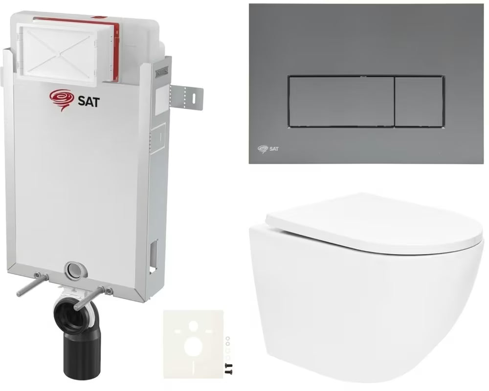 Viseći WC set SAT Fusion s vrtložnim ispiranjem i tipkom za ispiranje u boji gun metal mat.