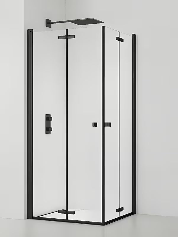 Kvadratna tuš kabina SAT SK 80x80 cm u crnoj izvedbi s prozirnim staklom i sklopivim vratima.