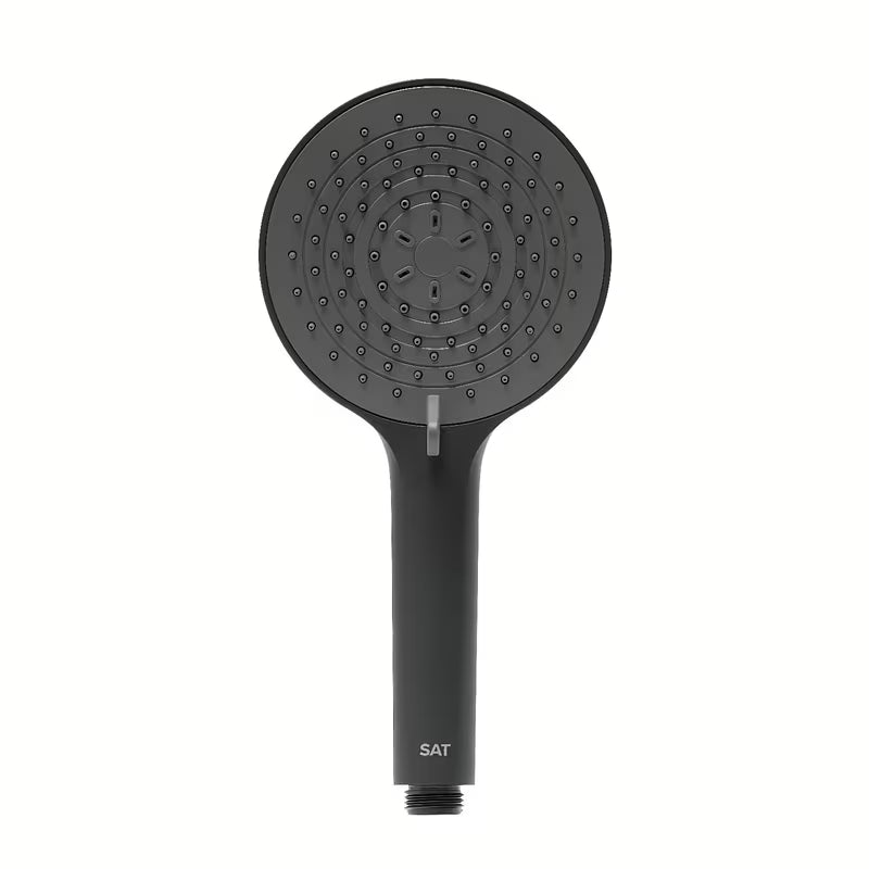 Mat crna ručna tuš slušalica SAT s okruglom glavom promjera 12 cm i četiri vrste mlaza.