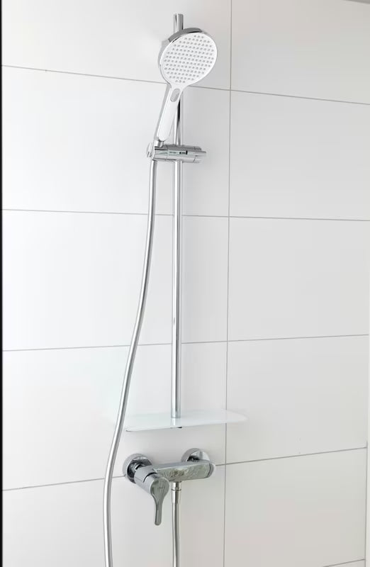 Tuš set SAT Chrome s ručnim tušem s 3 mlaza, tuš šipkom i bijelom staklenom policom