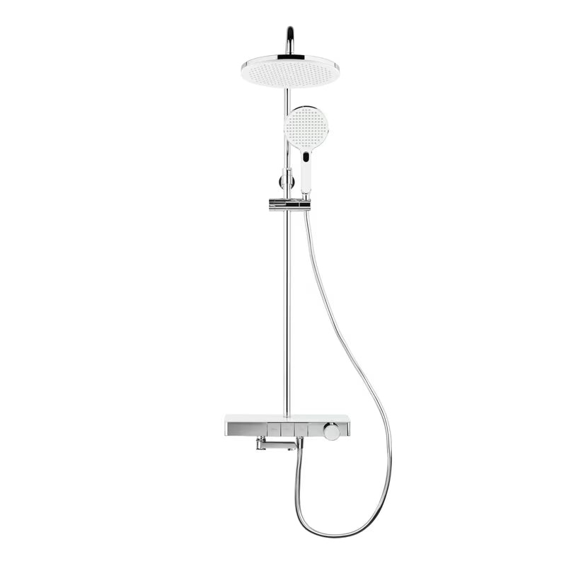 Tuš sustav SAT s termostatskom miješalicom, sa staklenom policom i prebacivanjem između nadglavnog i ručnog tuša te izljeva.