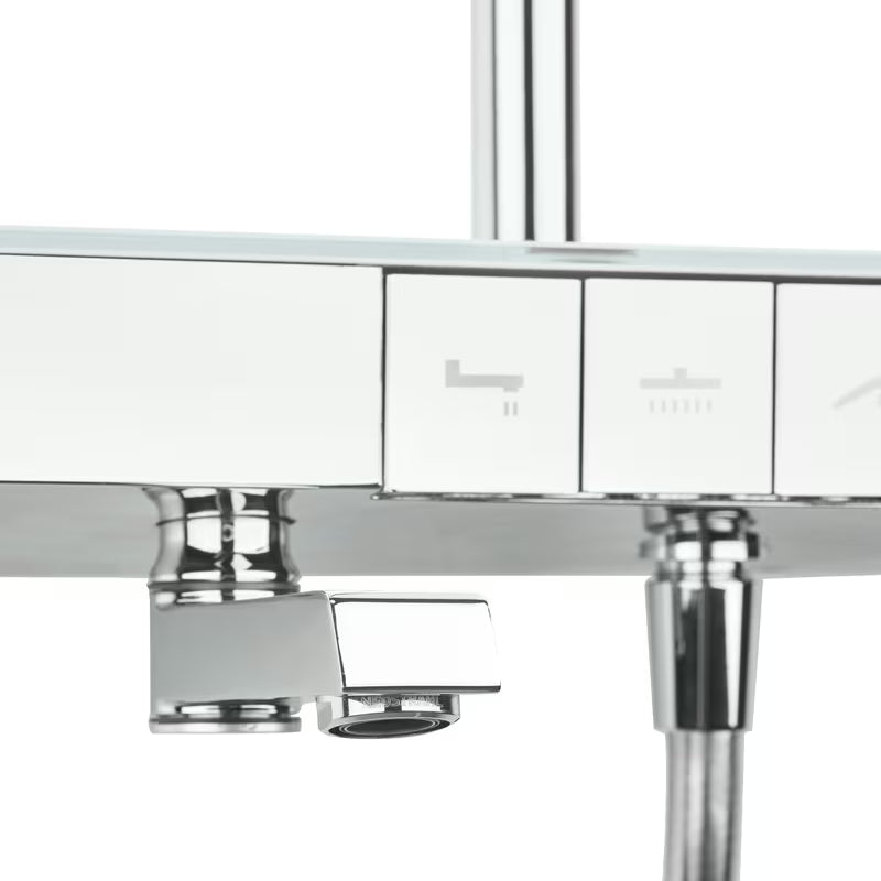 Tuš sustav SAT s termostatskom miješalicom, sa staklenom policom i prebacivanjem između nadglavnog i ručnog tuša te izljeva.