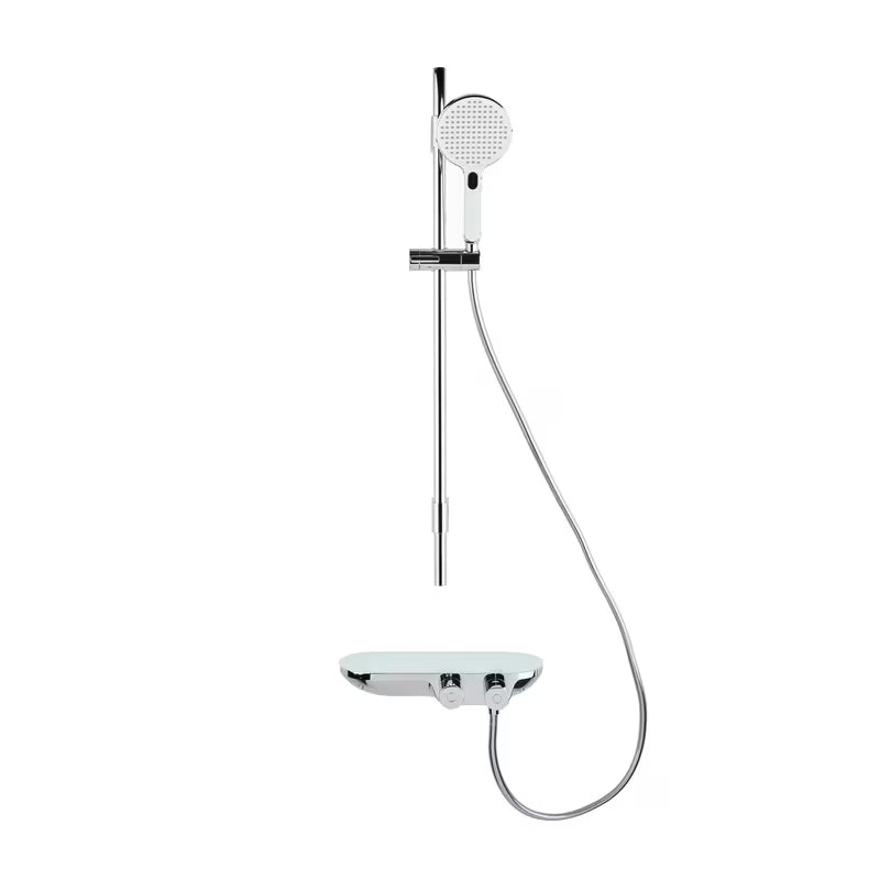 Tuš sustav SAT s termostatskom miješalicom u izvedbi bijela/krom s ručnim i nadglavnim tušem te staklenom policom.