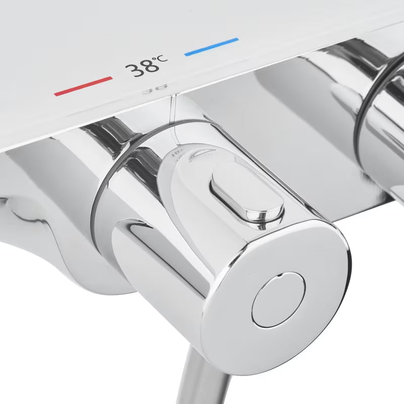 Tuš sustav SAT s termostatskom miješalicom u izvedbi bijela/krom s ručnim i nadglavnim tušem te staklenom policom.