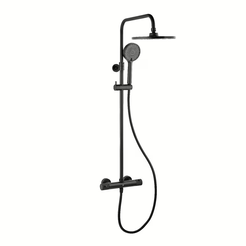 Termostatski tuš sustav SAT s crnom mat termostatskom slavinom, nadglavnim i ručnim tušem.