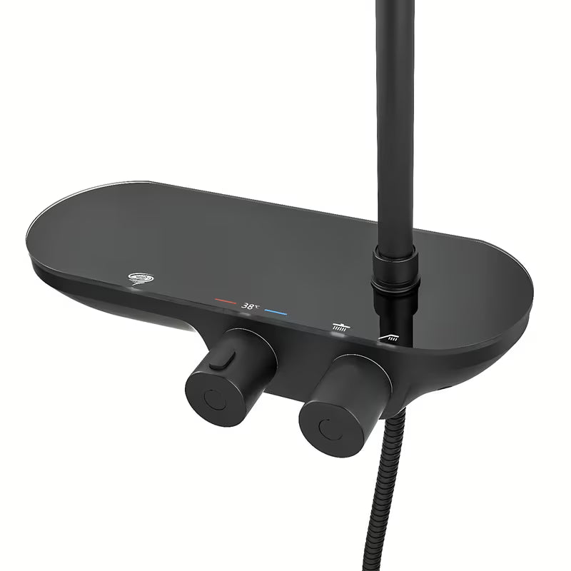 Crni mat tuš sustav SAT s termostatskom miješalicom, s nadglavnim i ručnim tušem te staklenom policom.