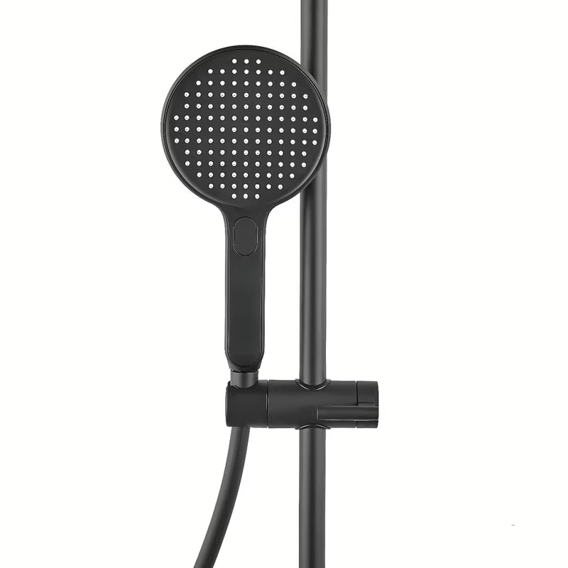 Crni mat tuš sustav SAT s termostatskom miješalicom, s nadglavnim tušem i ručnim tušem s tri vrste mlaza.