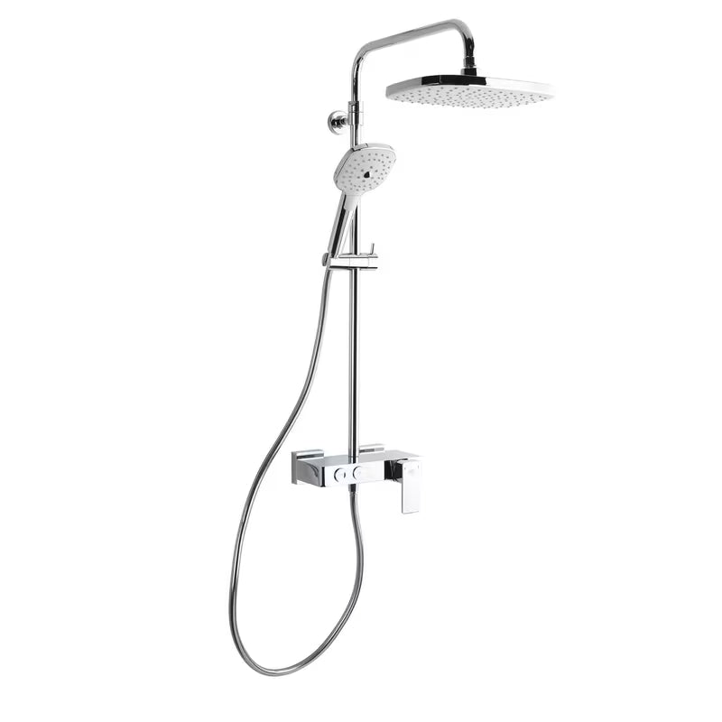Tuš sustav SAT Chrome s jednoručnom miješalicom, policom, nadglavnim i ručnim tušem u izvedbi bijela/krom.