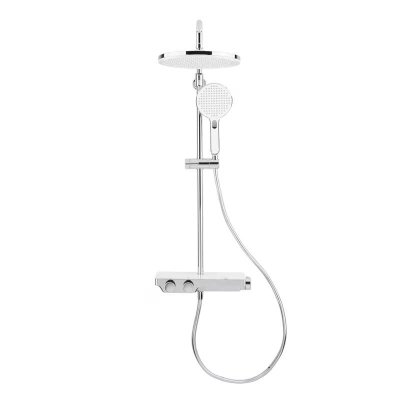 Tuš sustav SAT Chrome s termostatskom miješalicom, staklenom policom te nadglavnim i ručnim tušem u krom izvedbi.