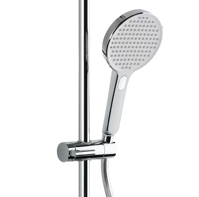 Tuš sustav SAT Chrome s termostatskom miješalicom, staklenom policom te nadglavnim i ručnim tušem u krom izvedbi.