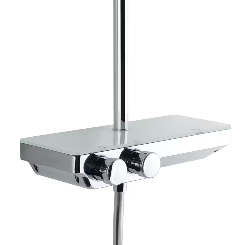 Tuš sustav SAT Chrome s termostatskom miješalicom, staklenom policom te nadglavnim i ručnim tušem u krom izvedbi.