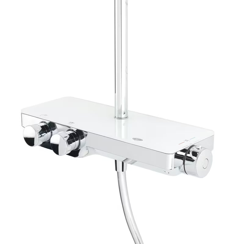 Tuš sustav SAT Chrome s termostatskom miješalicom, staklenom policom te nadglavnim i ručnim tušem u krom izvedbi.