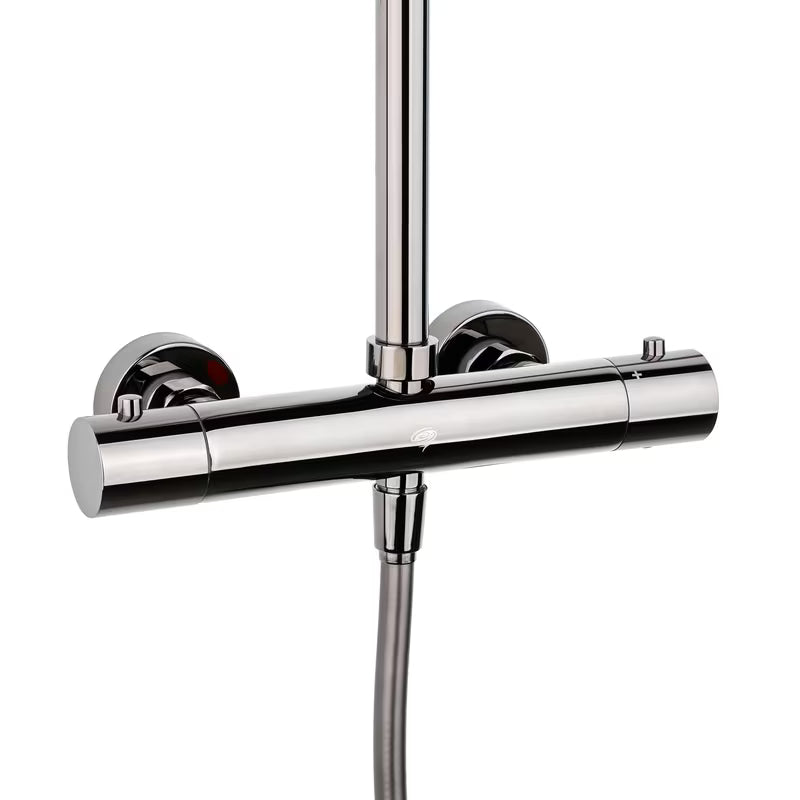 Tuš sustav SAT Dark s termostatskom miješalicom u izvedbi PVD Gun Metal s nadglavnim i ručnim tušem.