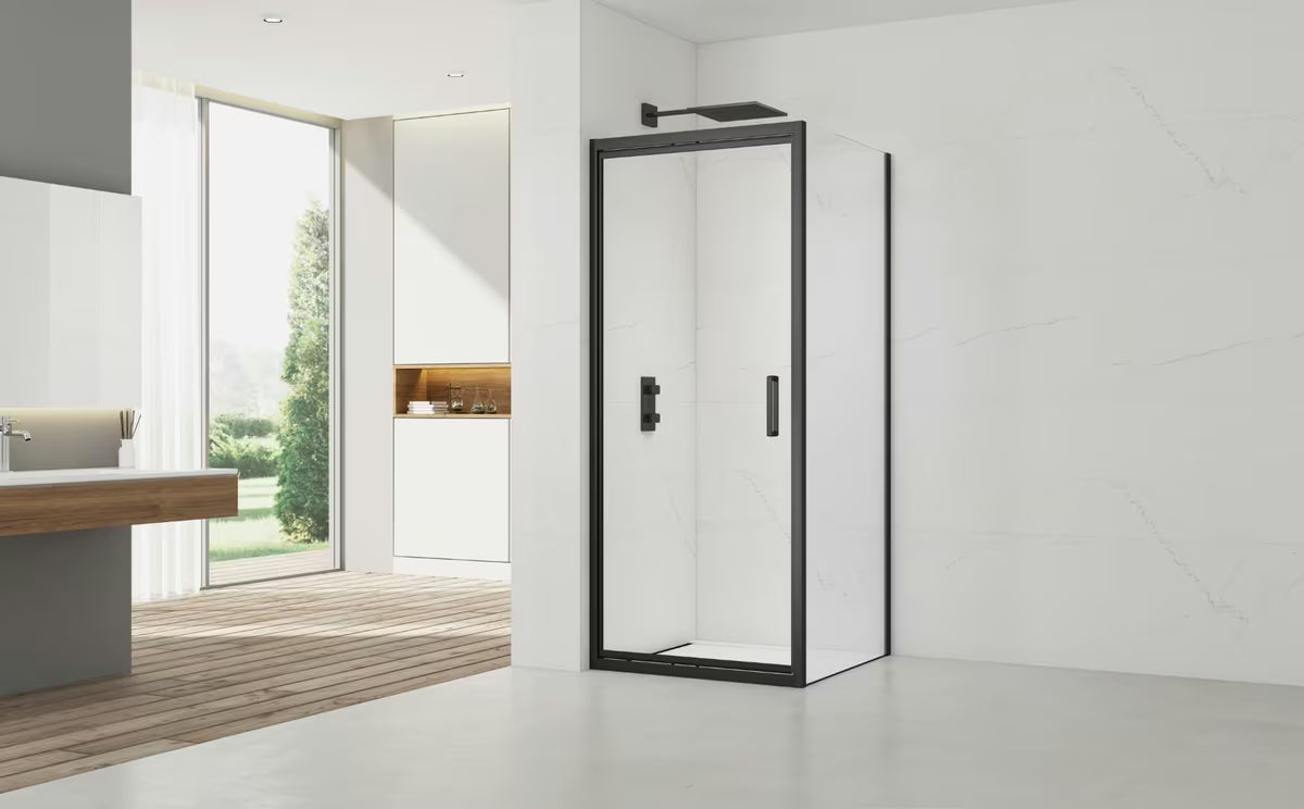 Kvadratna tuš kabina SAT Tex-C 90x90 cm s kliznim vratima, crnim profilima i prozirnim staklom