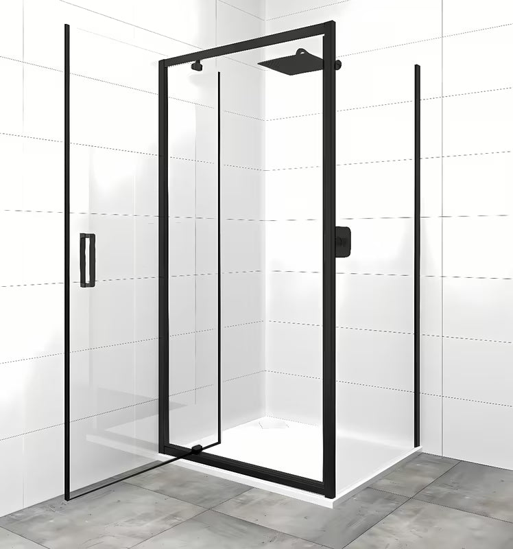 Pivotna tuš vrata SAT Tex 90 cm u crnoj izvedbi s prozirnim sigurnosnim staklom.