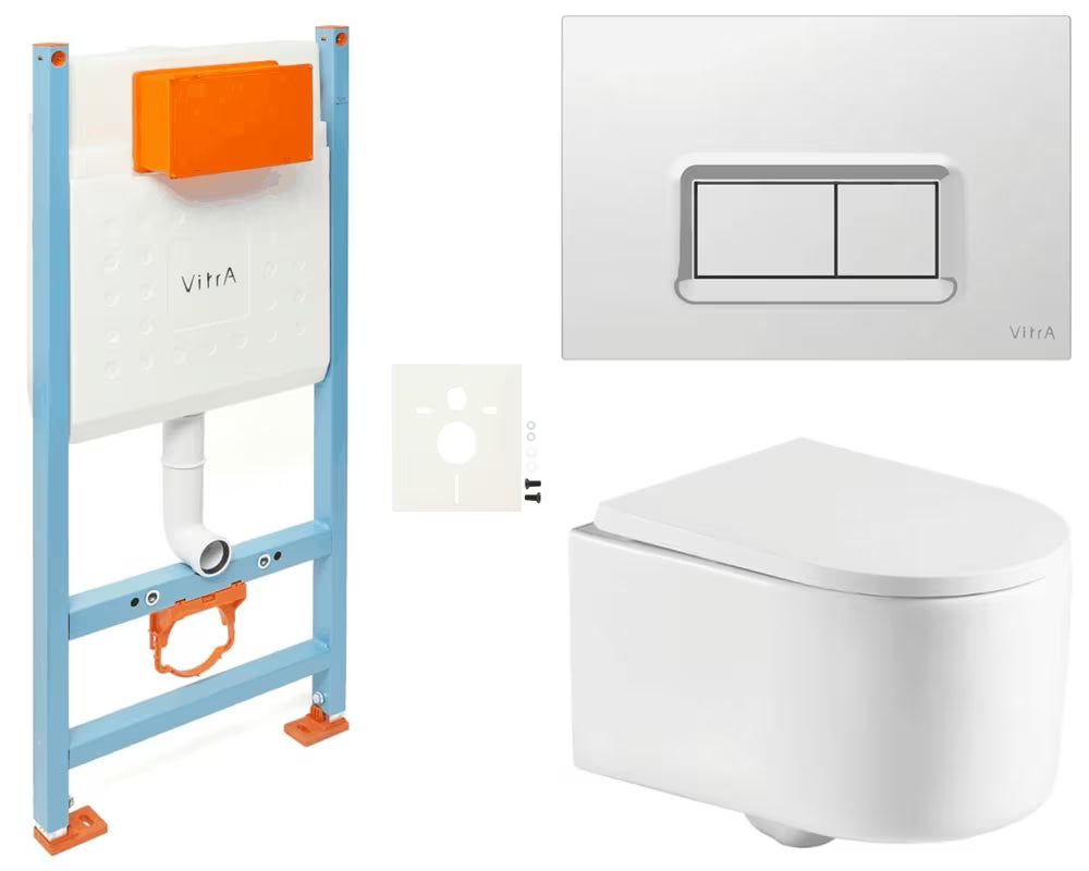 Viseći WC set SAT Tornado s vrtložnim ispiranjem, tipkom u sjajnom kromu i vodokotlićem Vitra.